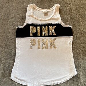 PINK White and Black Tank Top with Silver Sequin Letters